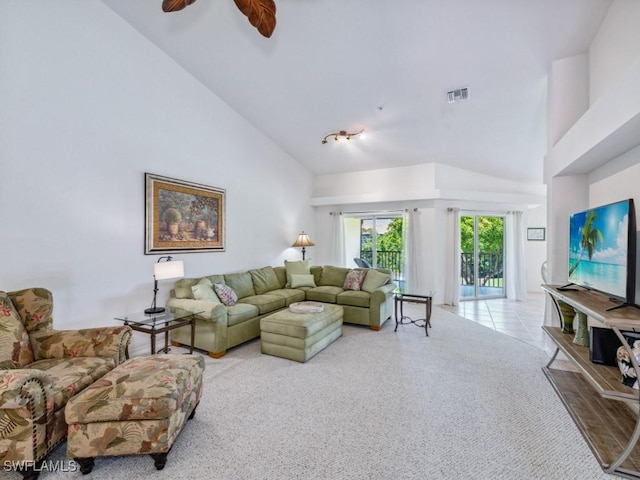 26660 Rosewood Pointe Cir Unit 205, Bonita Springs, FL 34135 - carpeted living area with high vaulted ceiling and ceiling fan