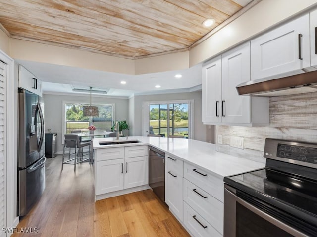 kitchen featuring appliances with stainless steel finishes, a sink, wood ceiling, light wood-style flooring, and light countertops