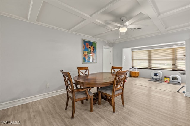 3275 Boca Ciega Dr Unit D49, Naples, FL 34112 - dining area with coffered ceiling, light wood-style floors, a ceiling fan, beamed ceiling, and baseboards