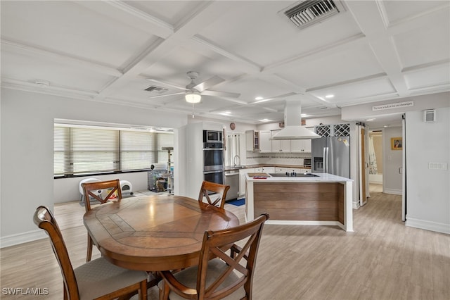 3275 Boca Ciega Dr Unit D49, Naples, FL 34112 - dining room with light wood-style floors, coffered ceiling, ceiling fan, baseboards, and beamed ceiling