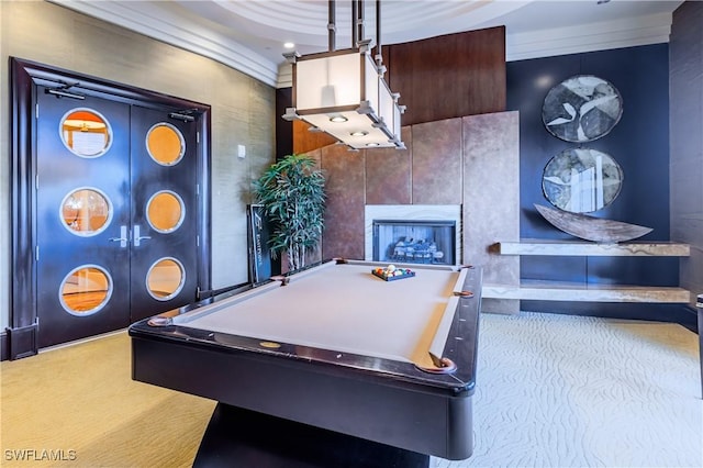 940 Cape Marco Dr Unit 1703, Marco Island, FL 34145 - playroom with carpet floors, billiards, and a fireplace