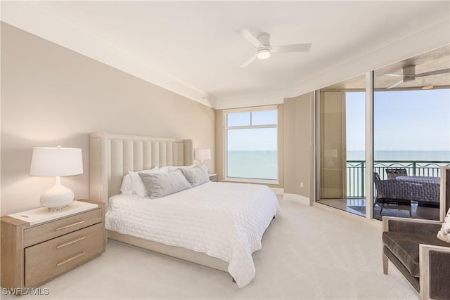 940 Cape Marco Dr Unit 1703, Marco Island, FL 34145 - bedroom with light colored carpet, access to exterior, ornamental molding, a water view, and ceiling fan
