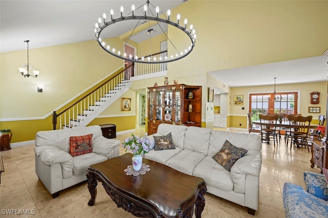 8151 New Jersey Blvd, Fort Myers, FL 33967 - tiled living area with a chandelier, high vaulted ceiling, stairway, and baseboards