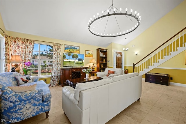8151 New Jersey Blvd, Fort Myers, FL 33967 - living room featuring a chandelier, stairway, baseboards, high vaulted ceiling, and light tile patterned floors