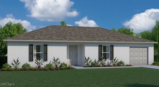 view of front facade with a garage, a front yard, stucco siding, and driveway