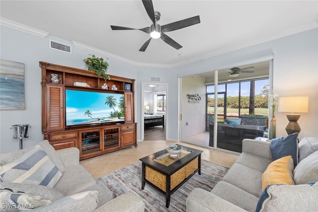 10317 Heritage Bay Blvd Unit 1418, Naples, FL 34120 - living area featuring a ceiling fan, crown molding, and light tile patterned floors