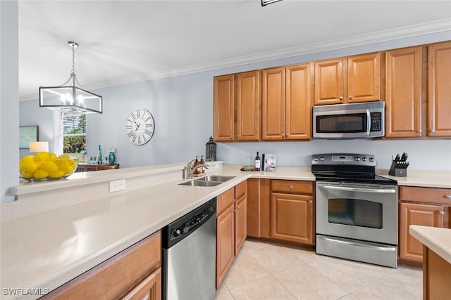10317 Heritage Bay Blvd Unit 1418, Naples, FL 34120 - kitchen with appliances with stainless steel finishes, a sink, crown molding, light tile patterned flooring, and a chandelier