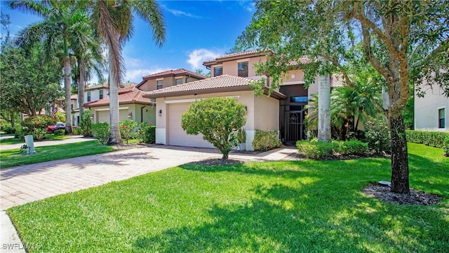 7874 Bucks Run Dr, Naples, FL 34120 - mediterranean / spanish-style house featuring stucco siding, a garage, a front lawn, driveway, and a tiled roof