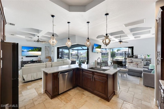 208 SW 15th St, Cape Coral, FL 33991 - kitchen featuring coffered ceiling, open floor plan, dishwasher, a sink, and ceiling fan