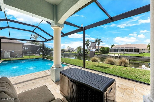 208 SW 15th St, Cape Coral, FL 33991 - swimming pool with a patio area, a water view, glass enclosure, a yard, and a residential view
