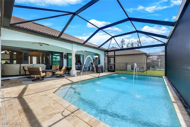 208 SW 15th St, Cape Coral, FL 33991 - swimming pool featuring ceiling fan, a patio area, and a lanai