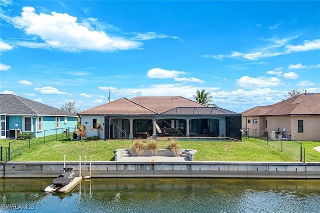 208 SW 15th St, Cape Coral, FL 33991 - rear view of house featuring a water view, a lanai, and a tile roof