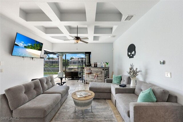 208 SW 15th St, Cape Coral, FL 33991 - living area featuring coffered ceiling, a ceiling fan, and beam ceiling
