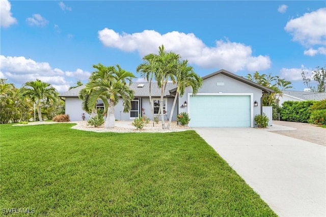 view of front of house featuring a garage, driveway, a front yard, and stucco siding