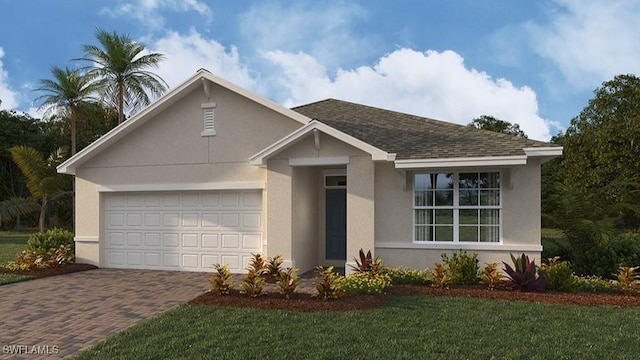 view of front of house featuring decorative driveway, an attached garage, stucco siding, and a front lawn