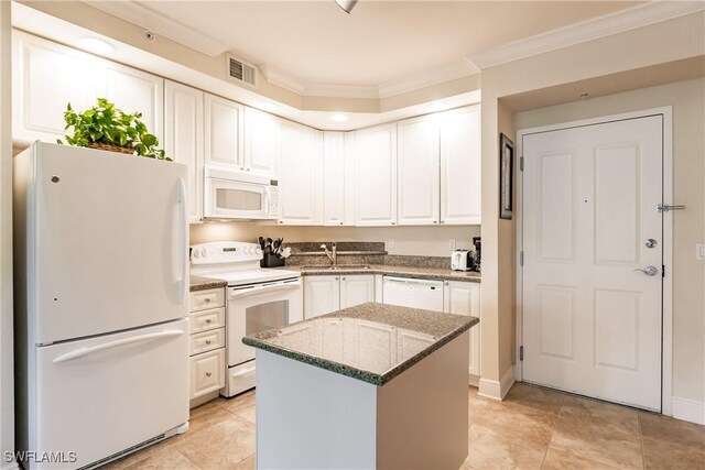2825 Palm Beach Blvd Unit 203, Fort Myers, FL 33916 - kitchen featuring white appliances, a sink, crown molding, stone countertops, and white cabinetry