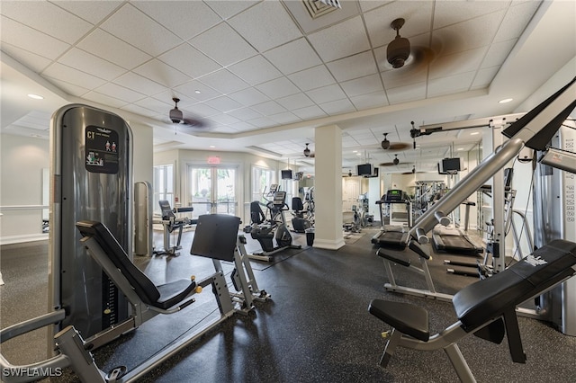 2825 Palm Beach Blvd Unit 203, Fort Myers, FL 33916 - gym featuring a drop ceiling, a ceiling fan, and baseboards