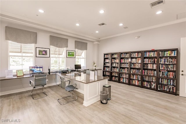 1878 Tarpon Bay Dr S Unit 102, Naples, FL 34119 - home office with light wood-style flooring, ornamental molding, baseboards, recessed lighting, and bookshelves