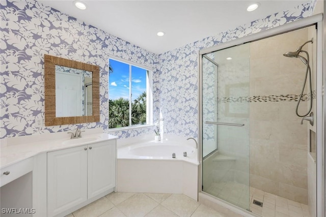 full bath with wallpapered walls, a stall shower, a bath, recessed lighting, and vanity