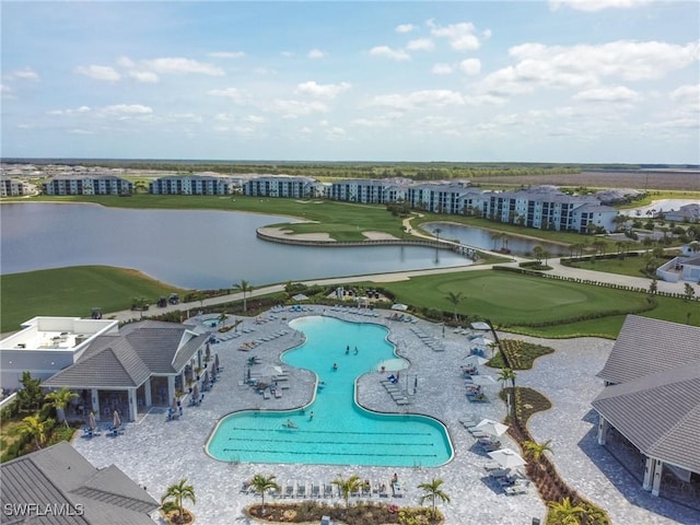 5583 Double Eagle Cir Unit 4141, Ave Maria, FL 34142 - bird's eye view of a large body of water, a pool area, and a golf course