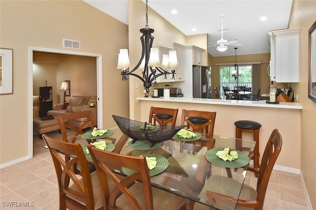 3880 Sawgrass Way Unit 2423, Naples, FL 34112 - dining area with baseboards, a ceiling fan, light tile patterned floors, vaulted ceiling, and recessed lighting