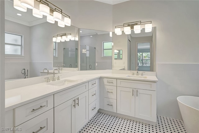 3390 12th Ave SE, Naples, FL 34117 - full bathroom featuring a stall shower, healthy amount of natural light, a freestanding bath, tile walls, and vanity