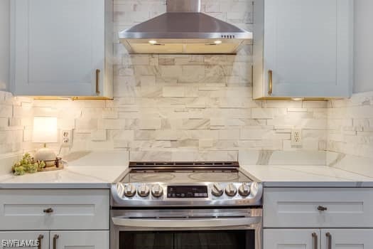914 Albert Ave, Lehigh Acres, FL 33971 - kitchen featuring electric range, exhaust hood, and tasteful backsplash