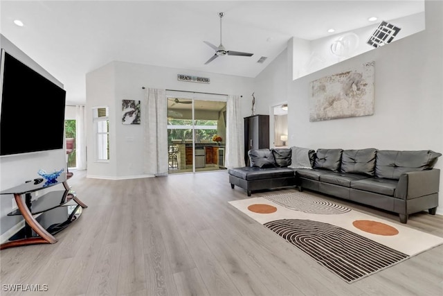 120 Heritage Way, Naples, FL 34110 - living room with a ceiling fan, wood finished floors, baseboards, recessed lighting, and high vaulted ceiling