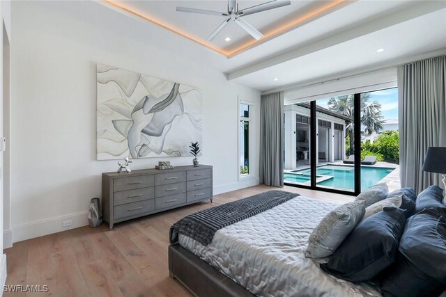 541 Whispering Pine Ct, Naples, FL 34103 - bedroom featuring access to exterior, light wood-style flooring, baseboards, recessed lighting, and ceiling fan