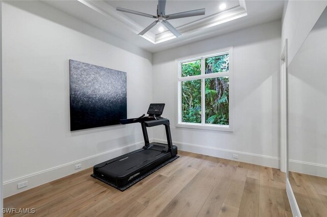 541 Whispering Pine Ct, Naples, FL 34103 - workout area featuring wood finished floors, a tray ceiling, a ceiling fan, and baseboards