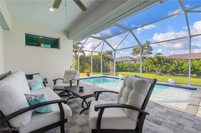 1806 SW 17th St, Cape Coral, FL 33991 - view of patio featuring outdoor lounge area, a ceiling fan, an outdoor pool, and a lanai