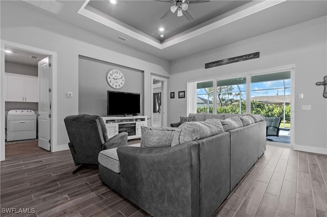 1806 SW 17th St, Cape Coral, FL 33991 - living area with washer / dryer, dark wood-type flooring, ceiling fan, baseboards, and recessed lighting
