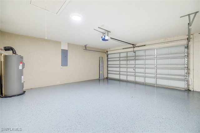 garage with electric water heater, electric panel, and a garage door opener