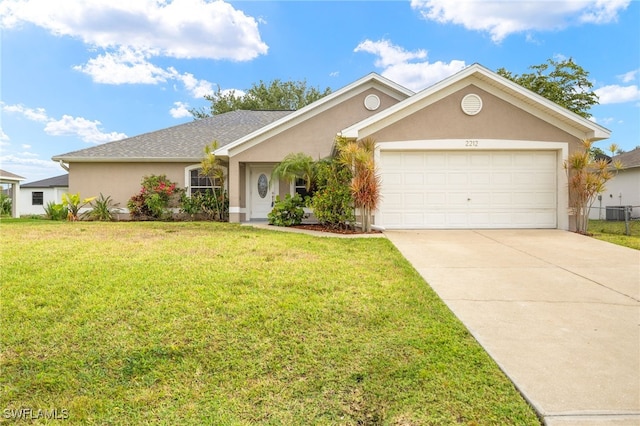ranch-style house with stucco siding, concrete driveway, an attached garage, and a front yard