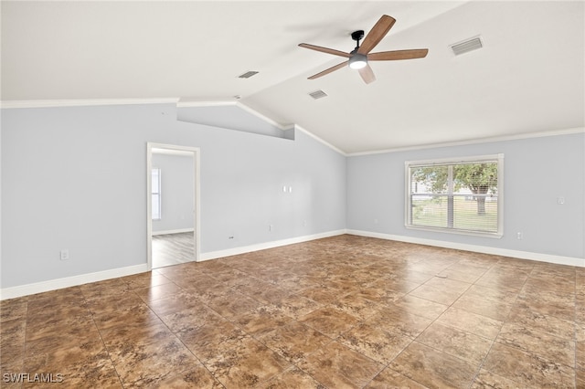 unfurnished room featuring ceiling fan, ornamental molding, lofted ceiling, and baseboards