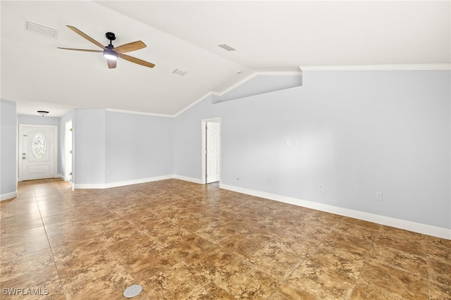 empty room featuring lofted ceiling, ceiling fan, baseboards, and crown molding
