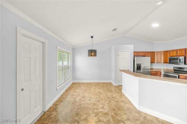 kitchen with appliances with stainless steel finishes, crown molding, brown cabinetry, hanging light fixtures, and baseboards