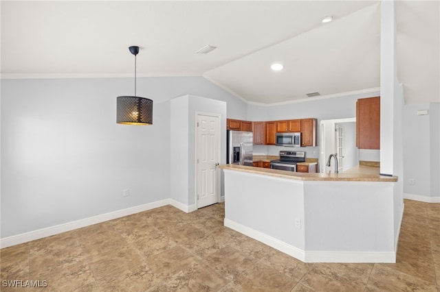 kitchen featuring stainless steel appliances, a sink, lofted ceiling, brown cabinetry, and light countertops