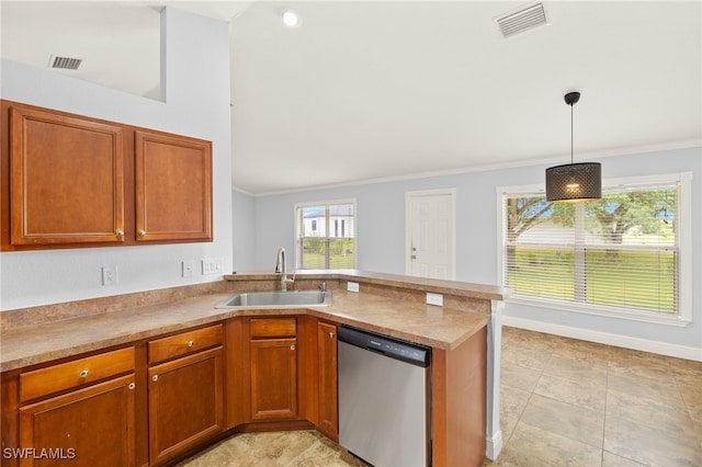 kitchen featuring dishwasher, a sink, crown molding, a peninsula, and brown cabinetry