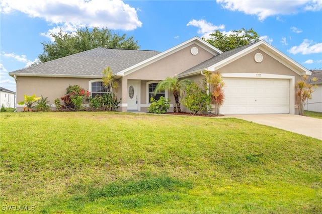 ranch-style home with stucco siding, a garage, driveway, a front lawn, and roof with shingles