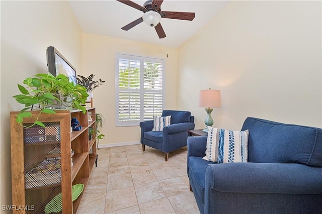 14971 Vista View Way Unit 1003, Fort Myers, FL 33919 - living area with a ceiling fan, vaulted ceiling, and baseboards