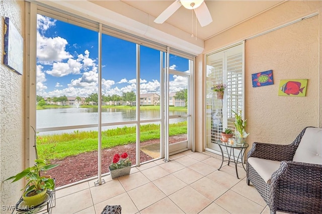 14971 Vista View Way Unit 1003, Fort Myers, FL 33919 - sunroom featuring a water view and a ceiling fan