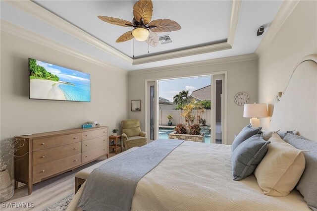 2736 Lambay Ct, Cape Coral, FL 33991 - bedroom with access to outside, crown molding, a raised ceiling, light wood-style floors, and a ceiling fan