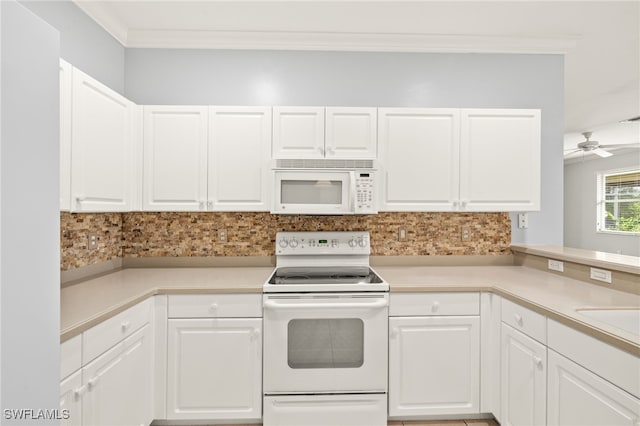 2305 Carnaby Ct, Lehigh Acres, FL 33973 - kitchen featuring white appliances, ornamental molding, decorative backsplash, light countertops, and white cabinets