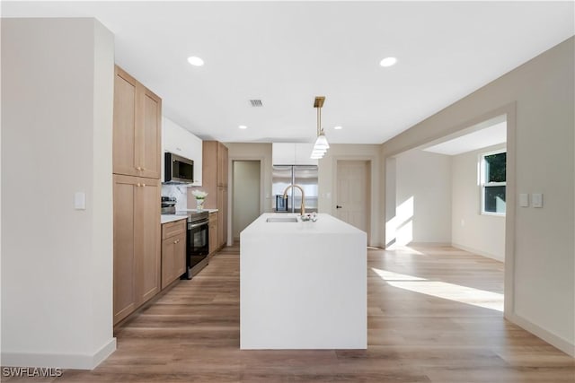203 Carol Way, Fort Myers, FL 33905 - kitchen with appliances with stainless steel finishes, a sink, an island with sink, baseboards, and light wood-style flooring