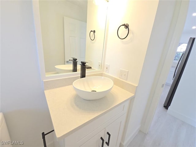 687 Grove Dr, Naples, FL 34120 - bathroom with vanity, baseboards, and wood finished floors
