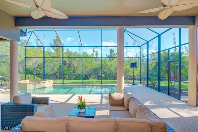 8336 Adelio Ln, Fort Myers, FL 33912 - sunroom featuring ceiling fan, a jacuzzi, and a swimming pool