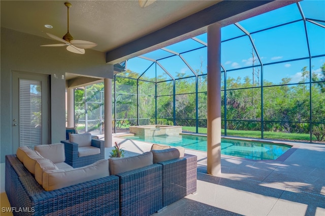 8336 Adelio Ln, Fort Myers, FL 33912 - view of patio / terrace featuring an outdoor living space, ceiling fan, glass enclosure, and a pool with connected hot tub