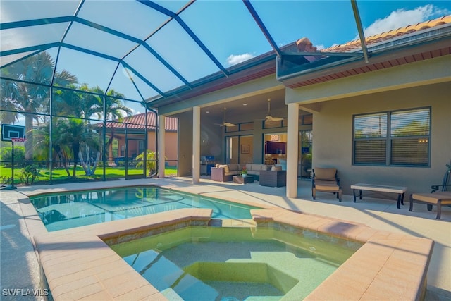 8336 Adelio Ln, Fort Myers, FL 33912 - view of pool featuring grilling area, a patio, an outdoor hangout area, a ceiling fan, and a lanai