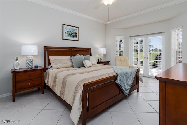 6659 Castlelawn Pl Unit 21, Naples, FL 34113 - bedroom featuring access to exterior, light tile patterned floors, crown molding, ceiling fan, and baseboards